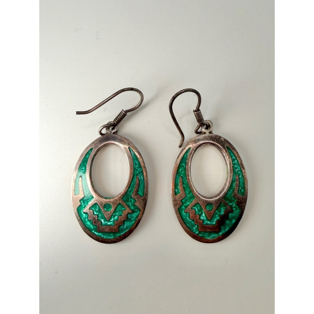 Mexico Sterling Silver 925 Green Enamel Dangle Earrings Boho Southwest Vintage - Picture 2 of 15
